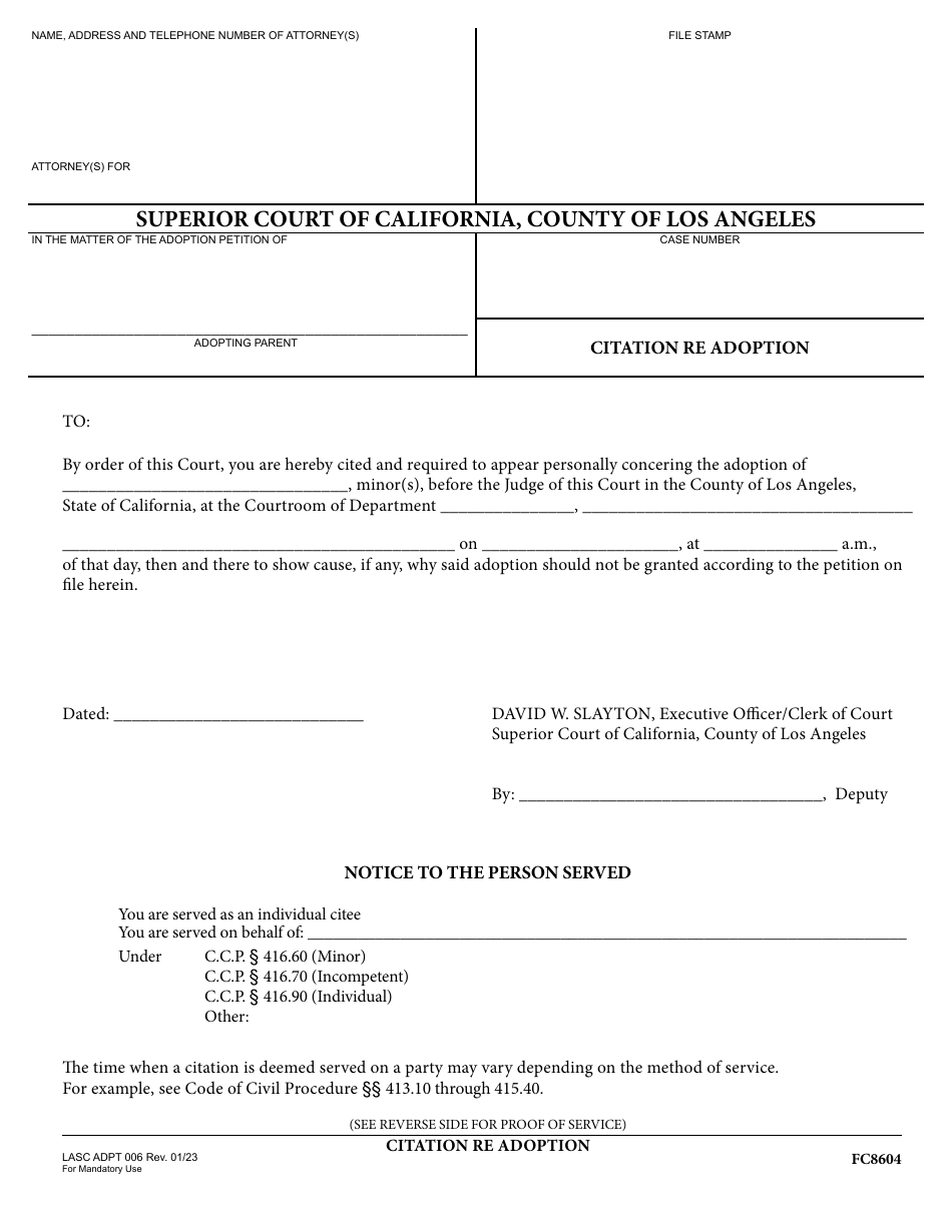 Form ADPT006 Citation Re: Adoption - County of Los Angeles, California, Page 1