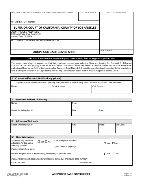 Form ADPT029 Adoptions Case Cover Sheet - County of Los Angeles, California