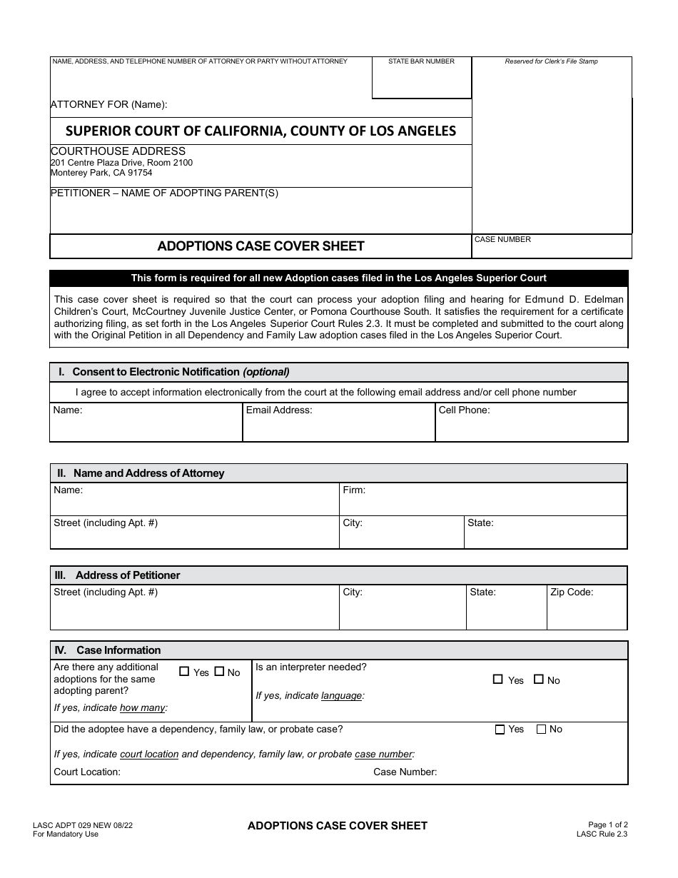 Form ADPT029 Adoptions Case Cover Sheet - County of Los Angeles, California, Page 1