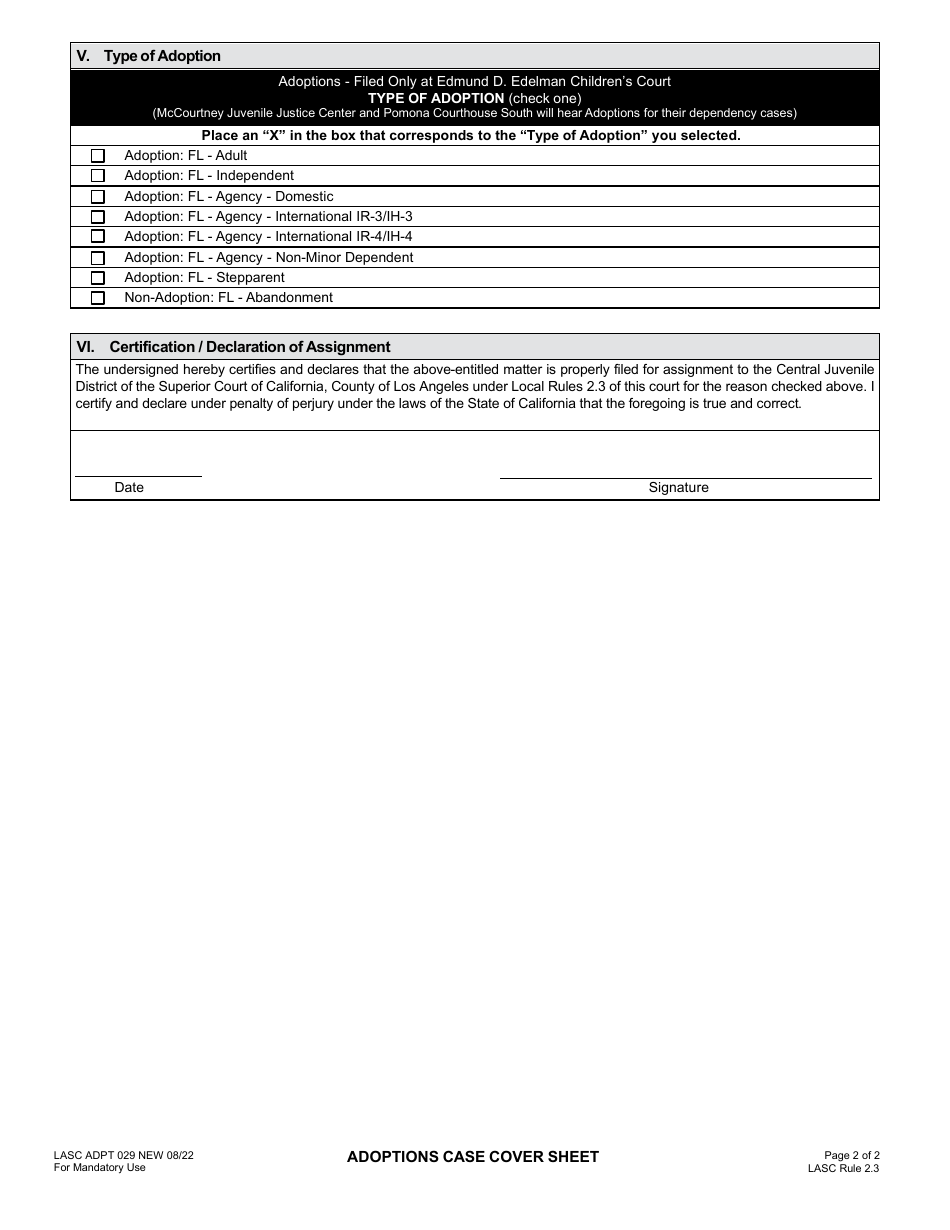 Form ADPT029 Adoptions Case Cover Sheet - County of Los Angeles, California, Page 2