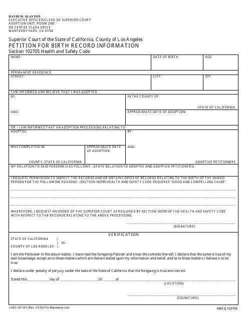 Form LASC CK047  Printable Pdf