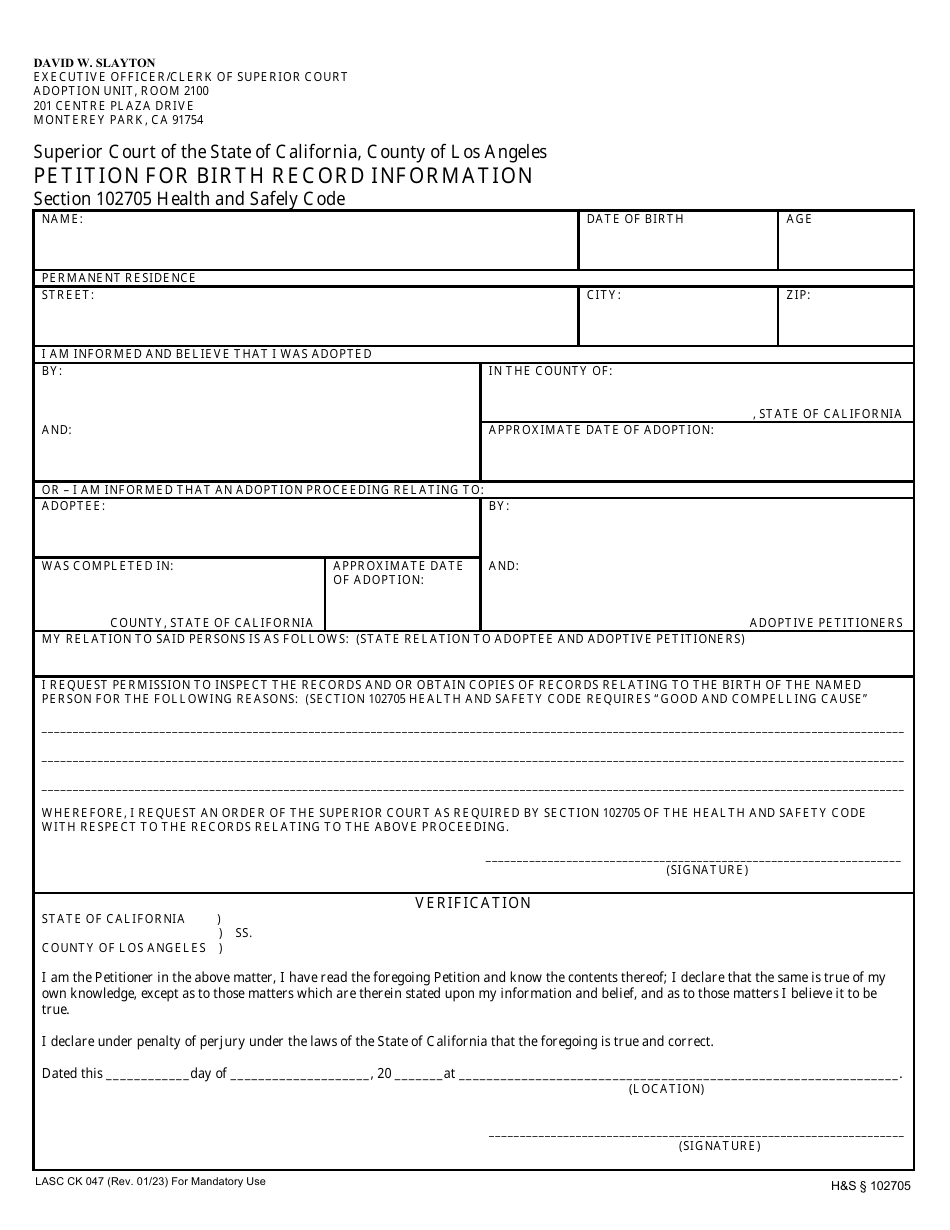 Form LASC CK047 Petition for Birth Record Information - County of Los Angeles, California, Page 1
