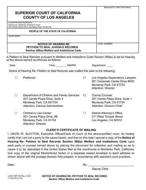 Form LASC DEP065 Notice of Hearing Re: Petition to Seal Juvenile Records - County of Los Angeles, California