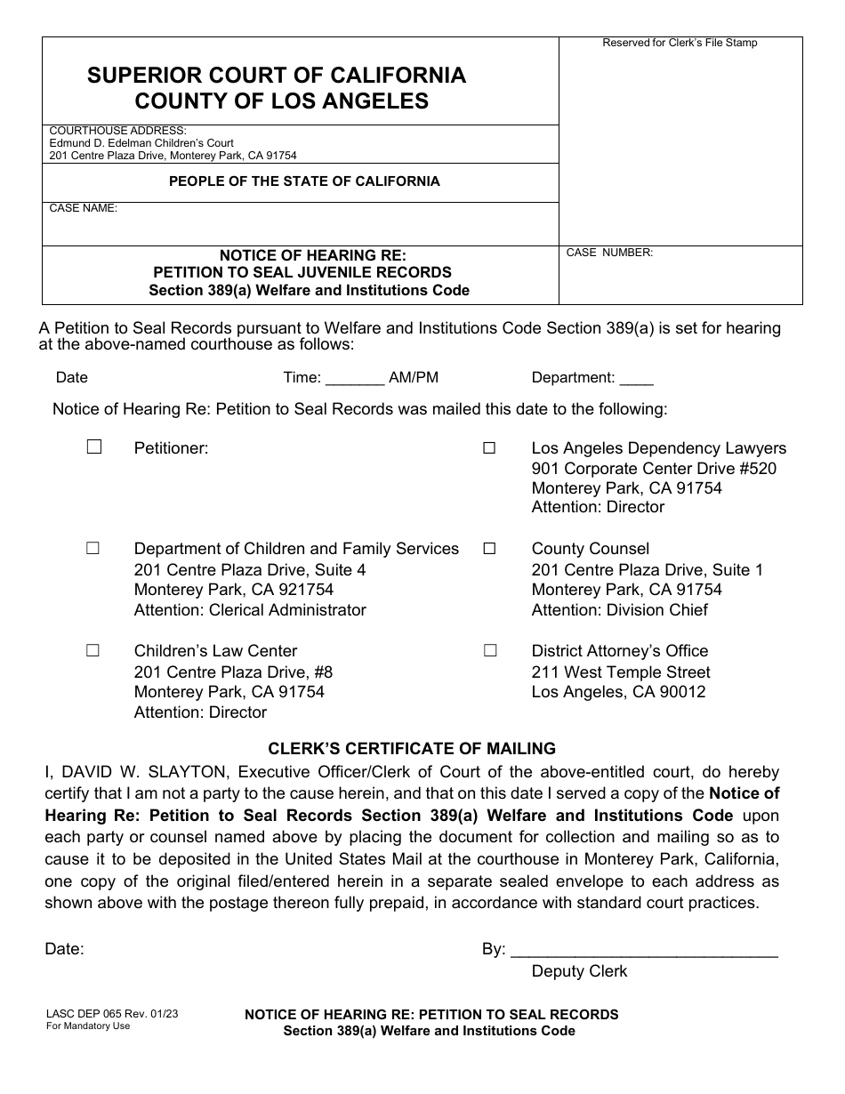 Form LASC DEP065 Notice of Hearing Re: Petition to Seal Juvenile Records - County of Los Angeles, California, Page 1