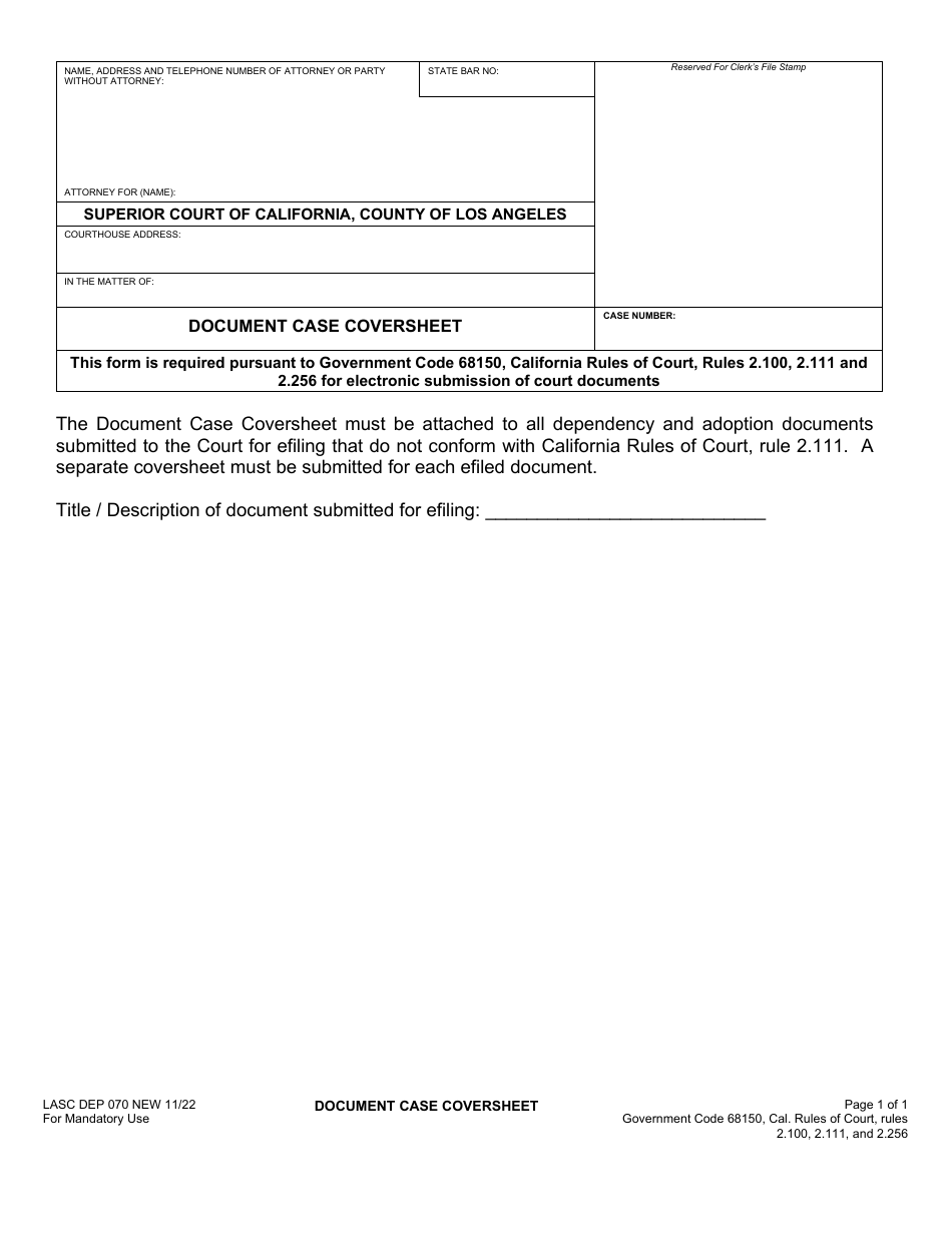 Form LASC DEP070 Document Case Coversheet - County of Los Angeles, California, Page 1