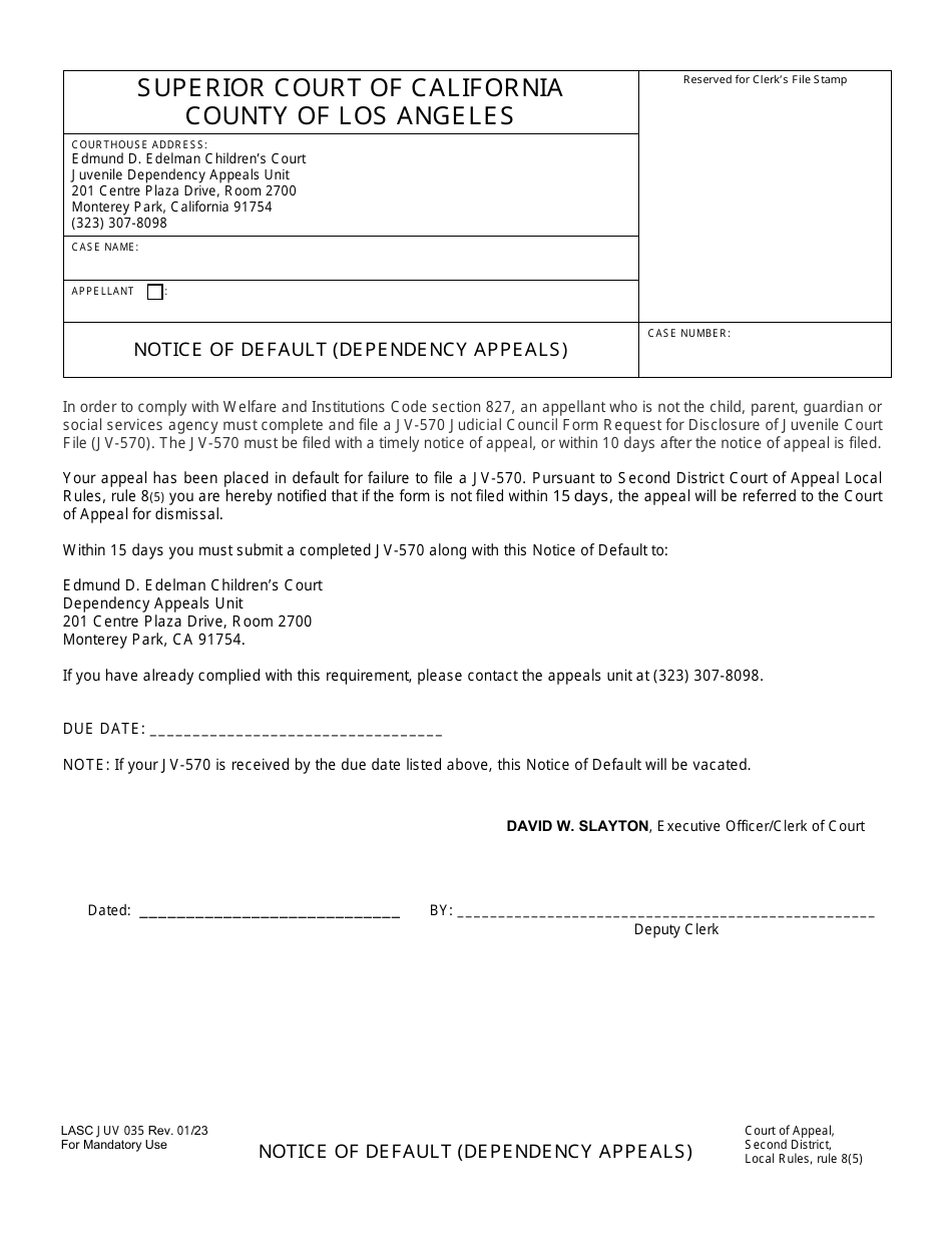 Form LASC JUV035 Notice of Default (Dependency Appeals) - County of Los Angeles, California, Page 1