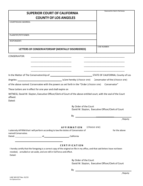 Form LASC MH027 Letters of Conservatorship (Mentally Disordered) - County of Los Angeles, California