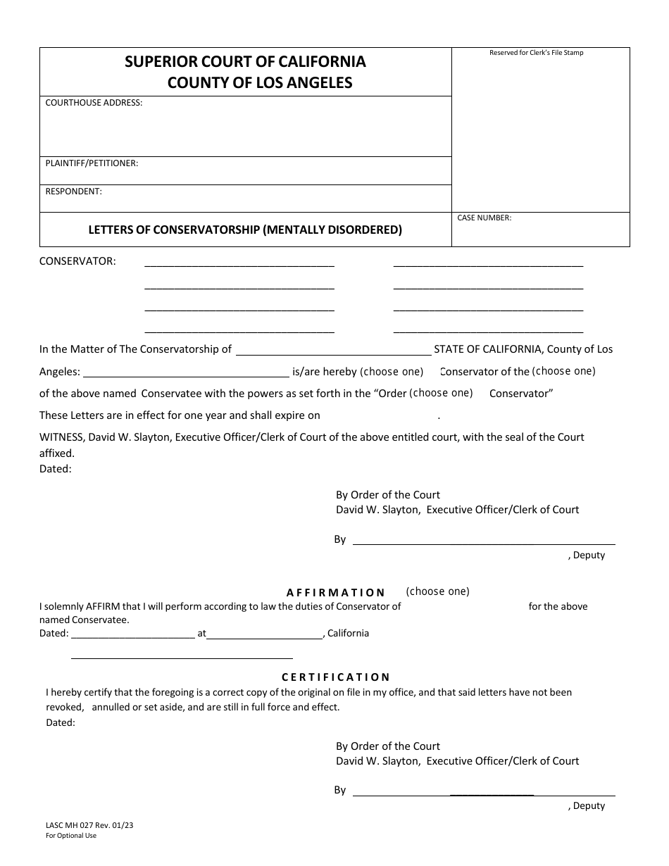Form LASC MH027 Letters of Conservatorship (Mentally Disordered) - County of Los Angeles, California, Page 1