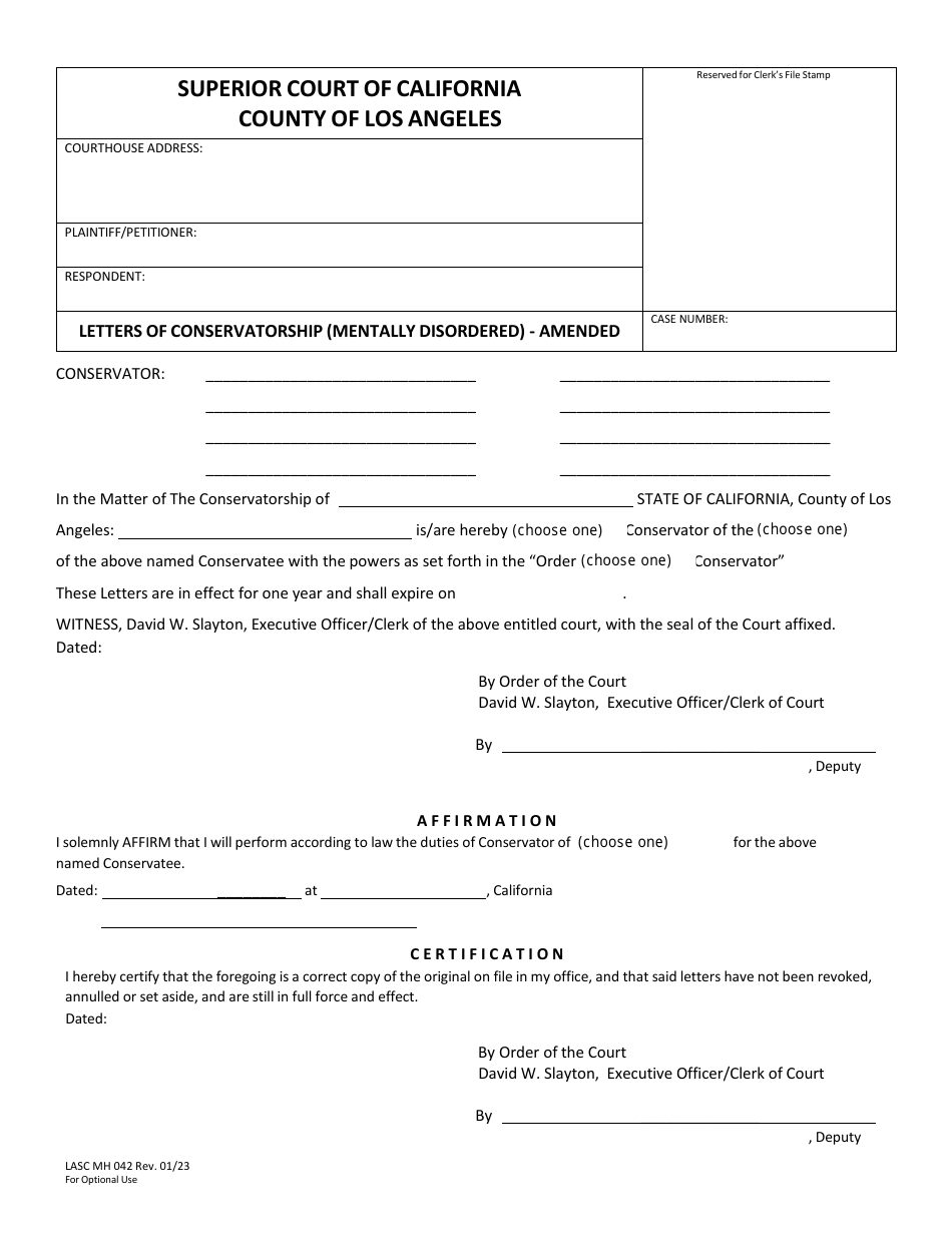 Form LASC MH042 Letters of Conservatorship (Mentally Disordered) - Amended - County of Los Angeles, California, Page 1