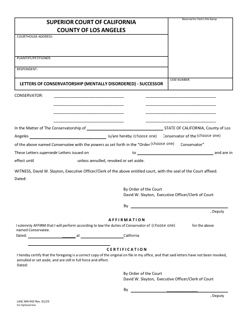 Form LASC MH043 Letters of Conservatorship (Mentally Disordered) - Successor - County of Los Angeles, California