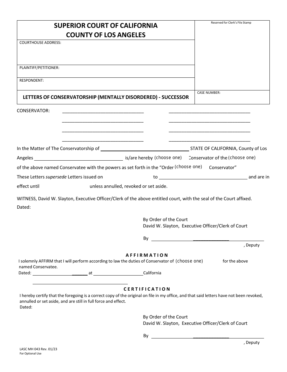 Form LASC MH043 Letters of Conservatorship (Mentally Disordered) - Successor - County of Los Angeles, California, Page 1