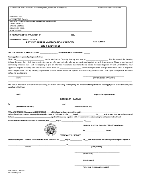 Form LASC MH021 Patient Appeal - Medication Capacity - County of Los Angeles, California