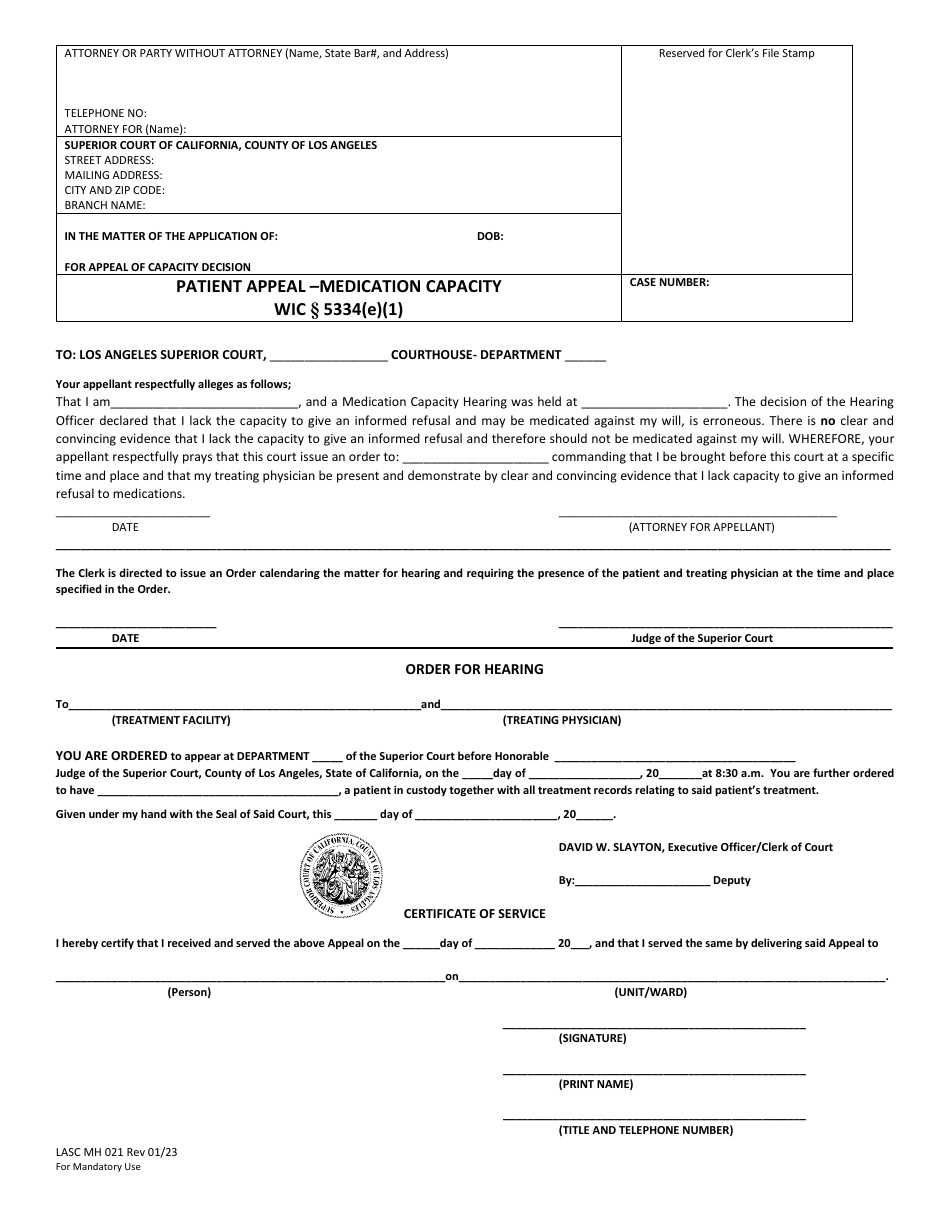 Form LASC MH021 Patient Appeal - Medication Capacity - County of Los Angeles, California, Page 1