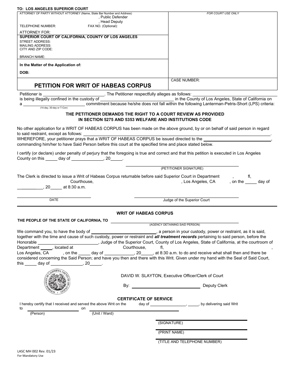 Form LASC MH002 Petition for Writ of Habeas Corpus - County of Los Angeles, California, Page 1