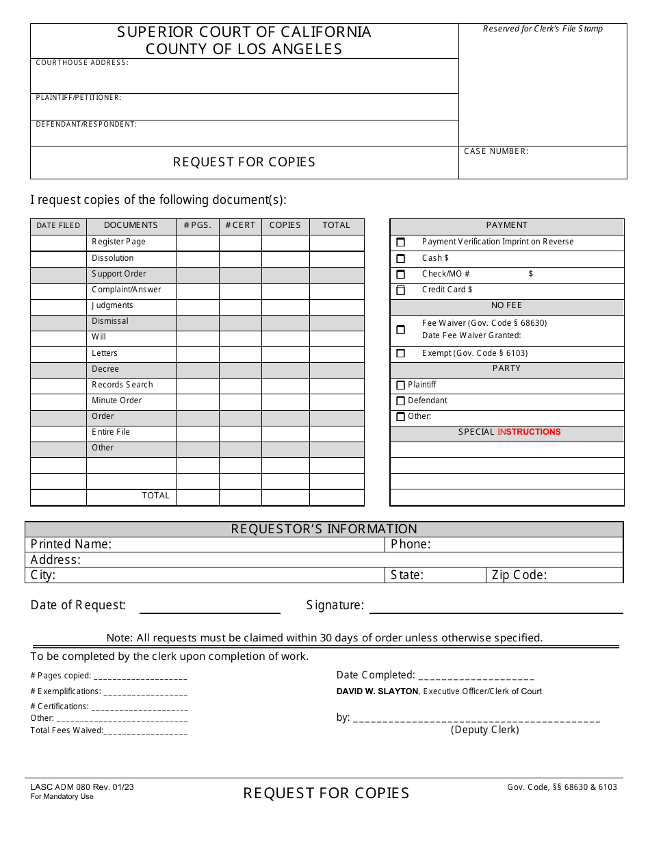Form ADM080 Request for Copies - County of Los Angeles, California, Page 1