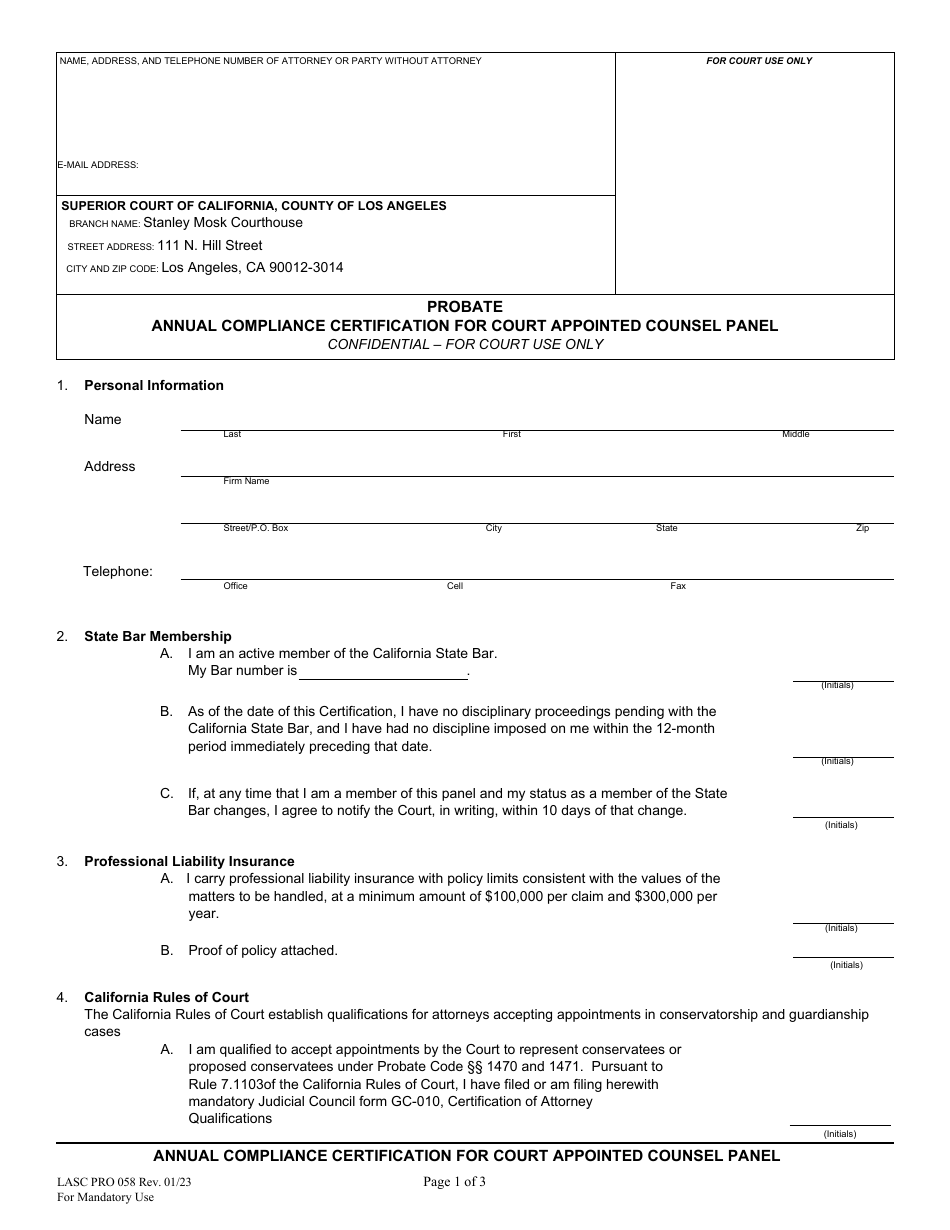 Form PRO058 Annual Compliance Certification for Probate Appointed Counsel Attorneys - County of Los Angeles, California, Page 1