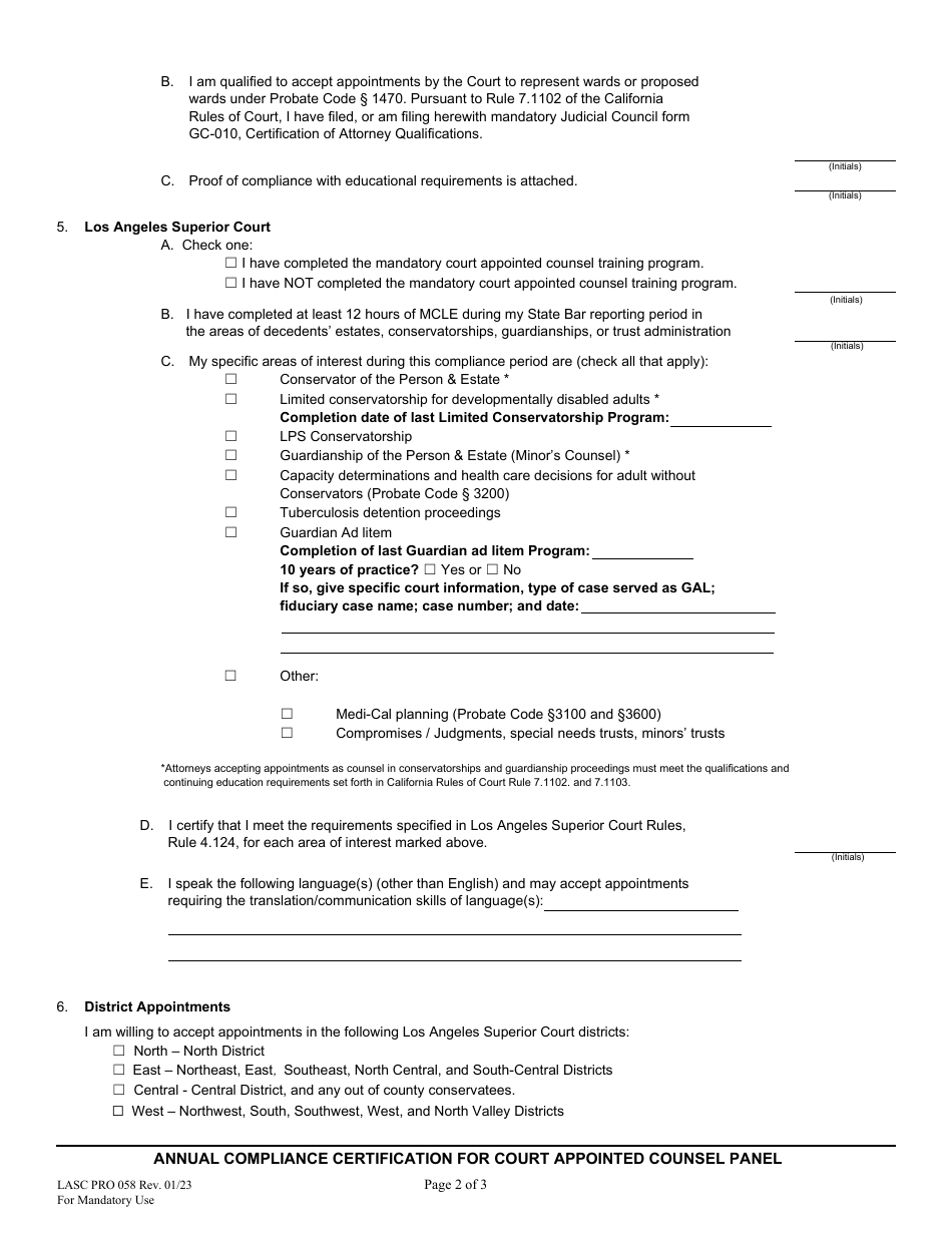 Form PRO058 Annual Compliance Certification for Probate Appointed Counsel Attorneys - County of Los Angeles, California, Page 2