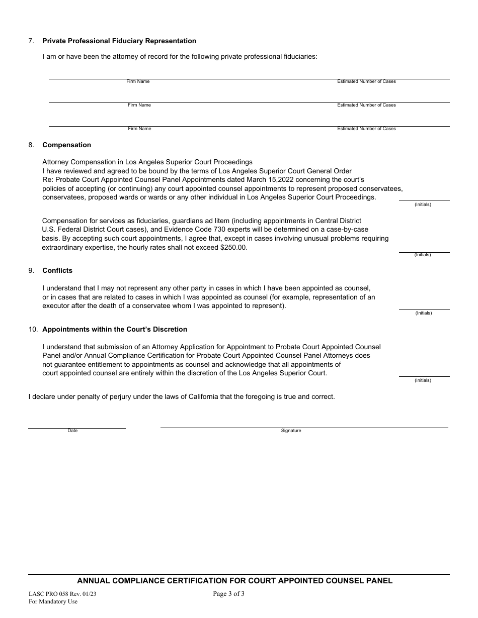 Form PRO058 Annual Compliance Certification for Probate Appointed Counsel Attorneys - County of Los Angeles, California, Page 3