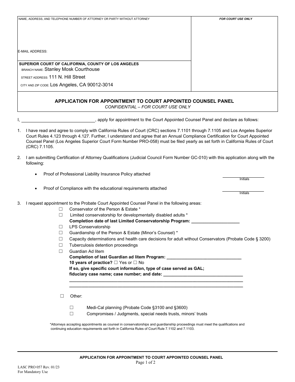 Form PRO057 Application for Appointment to Court Appointed Counsel Panel - County of Los Angeles, California, Page 1