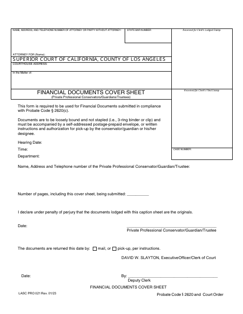 Form PRO021 Financial Documents Cover Sheet (Private Professional Conservators/Guardians/Trustees) - County of Los Angeles, California