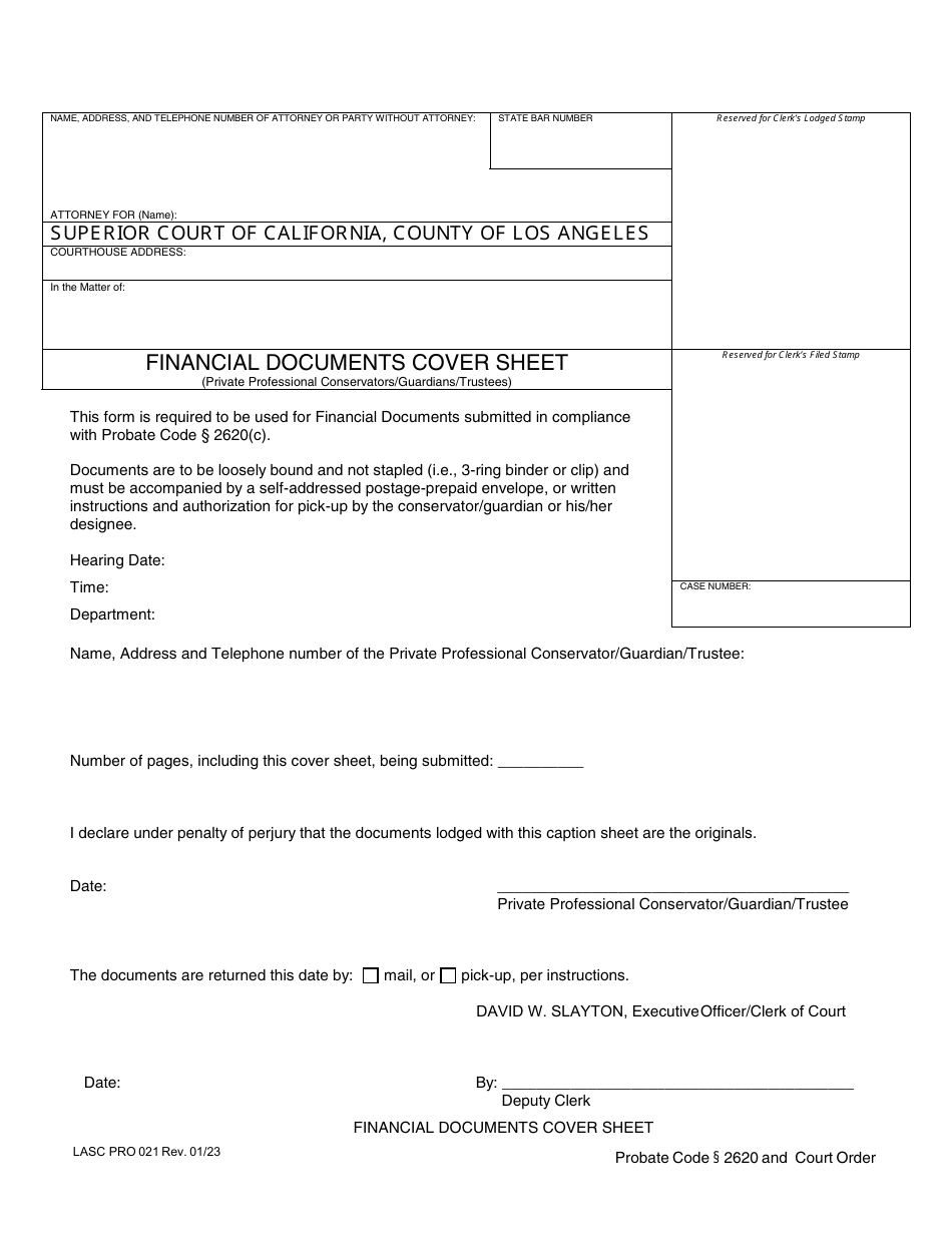 Form PRO021 Financial Documents Cover Sheet (Private Professional Conservators / Guardians / Trustees) - County of Los Angeles, California, Page 1