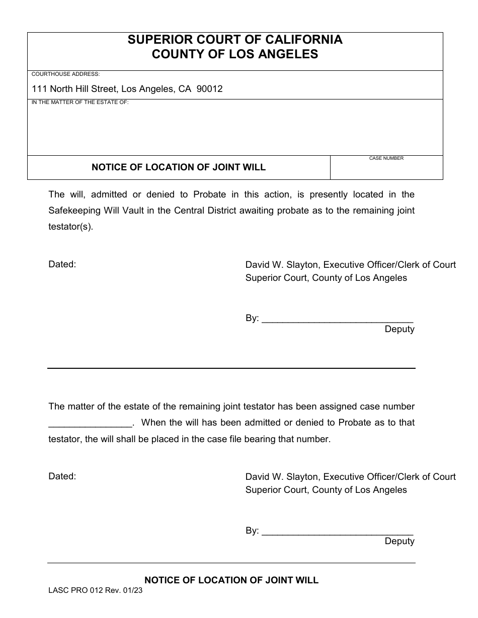 Form PRO012 Notice of Location of Joint Will - County of Los Angeles, California, Page 1