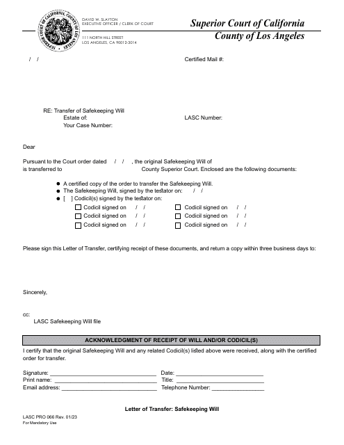 Form PRO066 Letter of Transfer: Safekeeping Will - County of Los Angeles, California