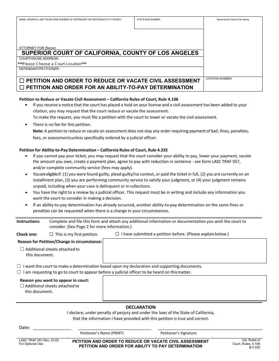 Form LASC TRAF051 Petition and Order to Reduce or Vacate Civil Assessments or Ablility to Pay Determination - County of Los Angeles, California, Page 1