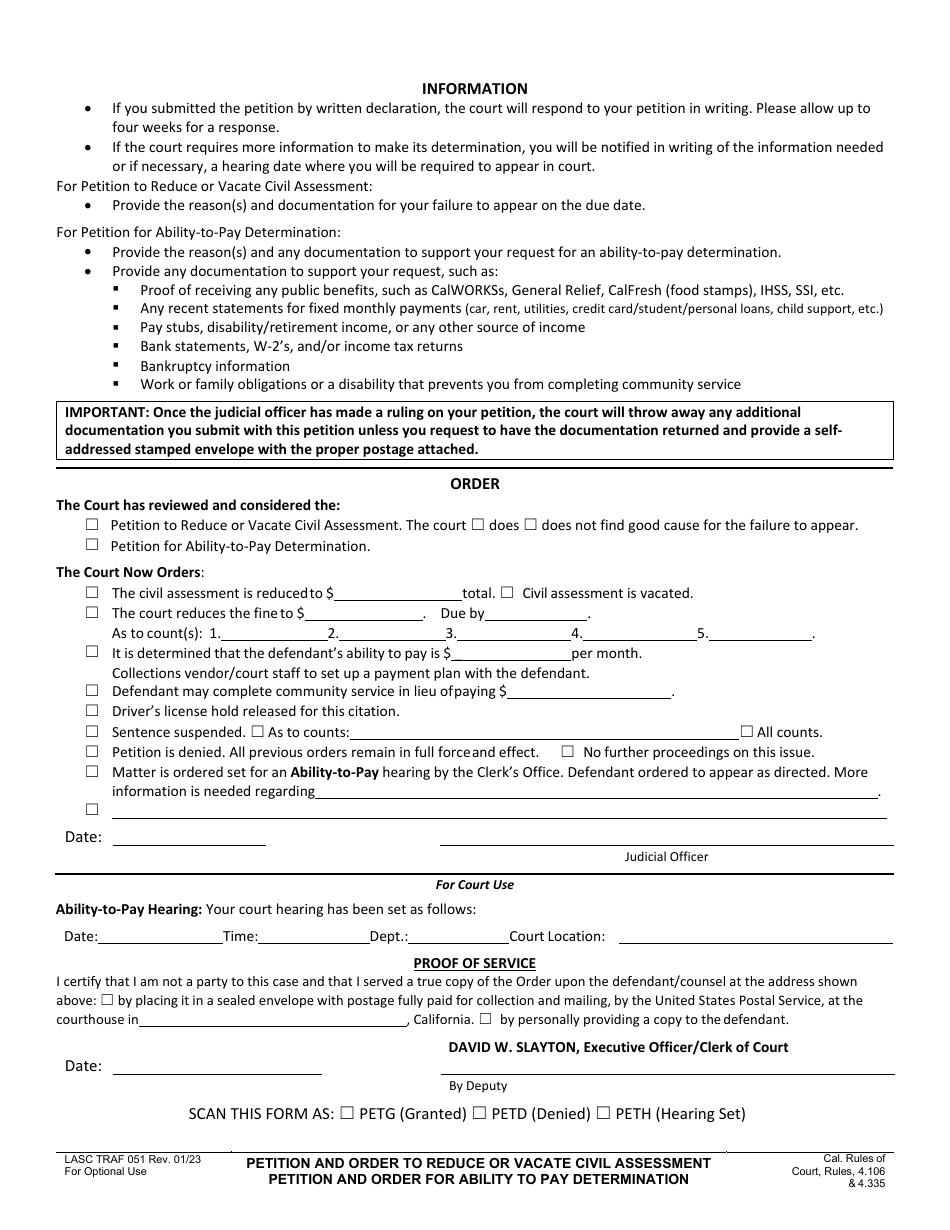 Form LASC TRAF051 Petition and Order to Reduce or Vacate Civil Assessments or Ablility to Pay Determination - County of Los Angeles, California, Page 2