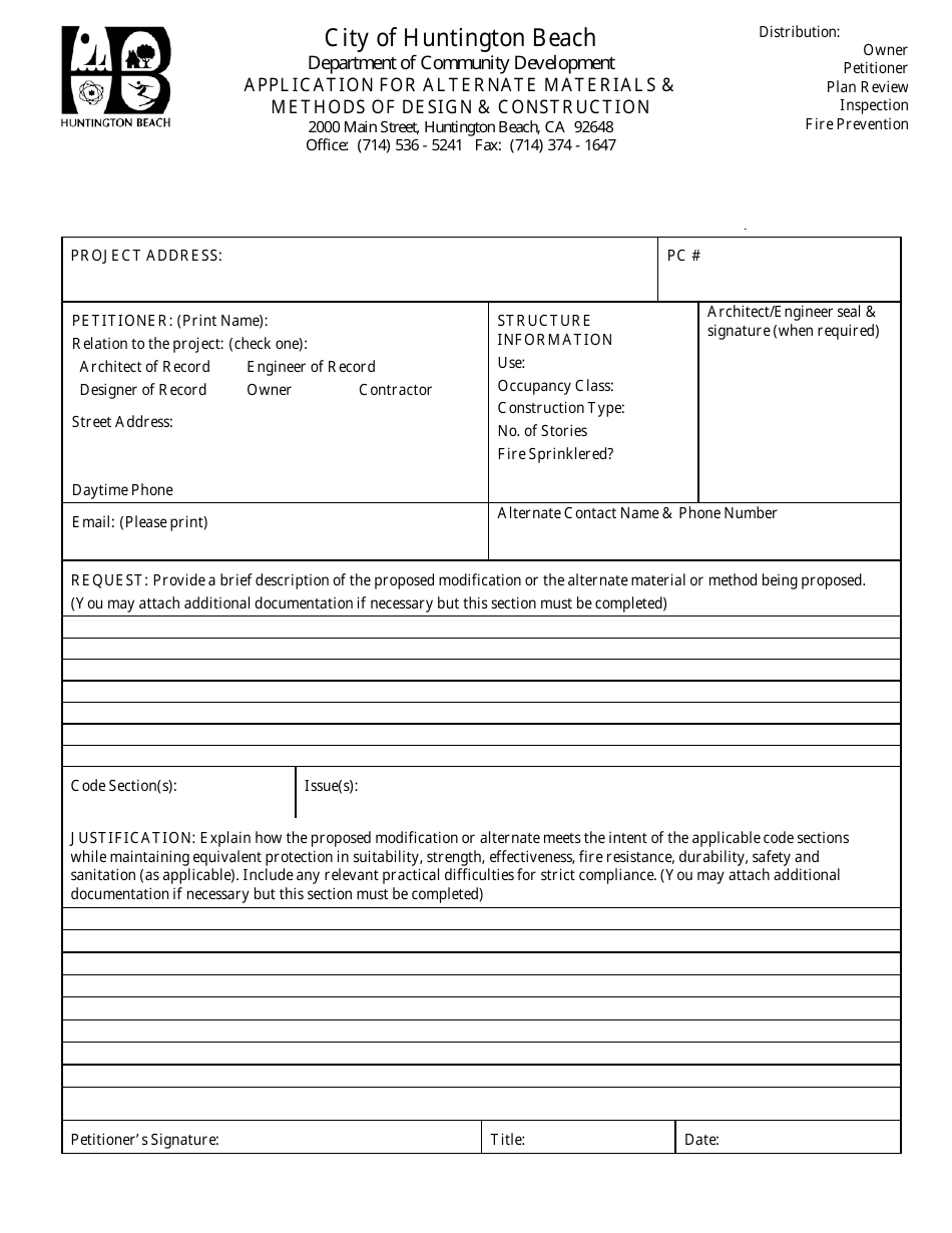 Application for Alternate Materials  Methods of Design  Construction - City of Huntington Beach, California, Page 1