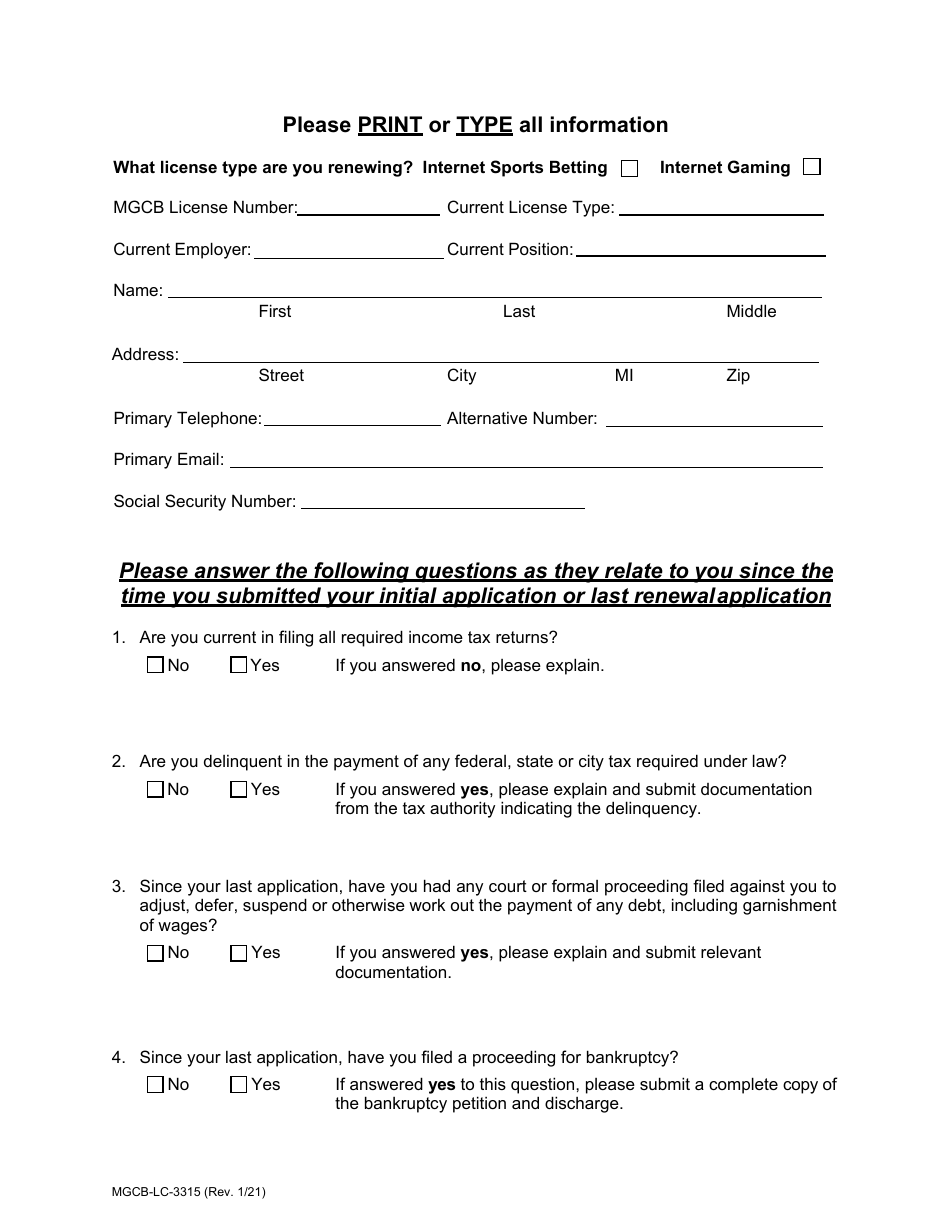 Form MGCB-LC-3315 Internet Sports Betting  Internet Gaming Occupational License Renewal Application - Michigan, Page 3
