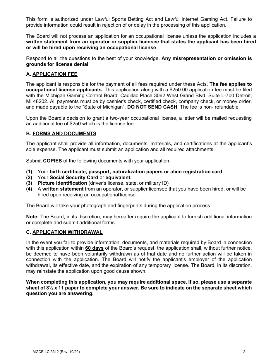 Form MGCB-LC-3312 Internet Sports Betting  Internet Gaming Occupational License Application - Michigan, Page 2