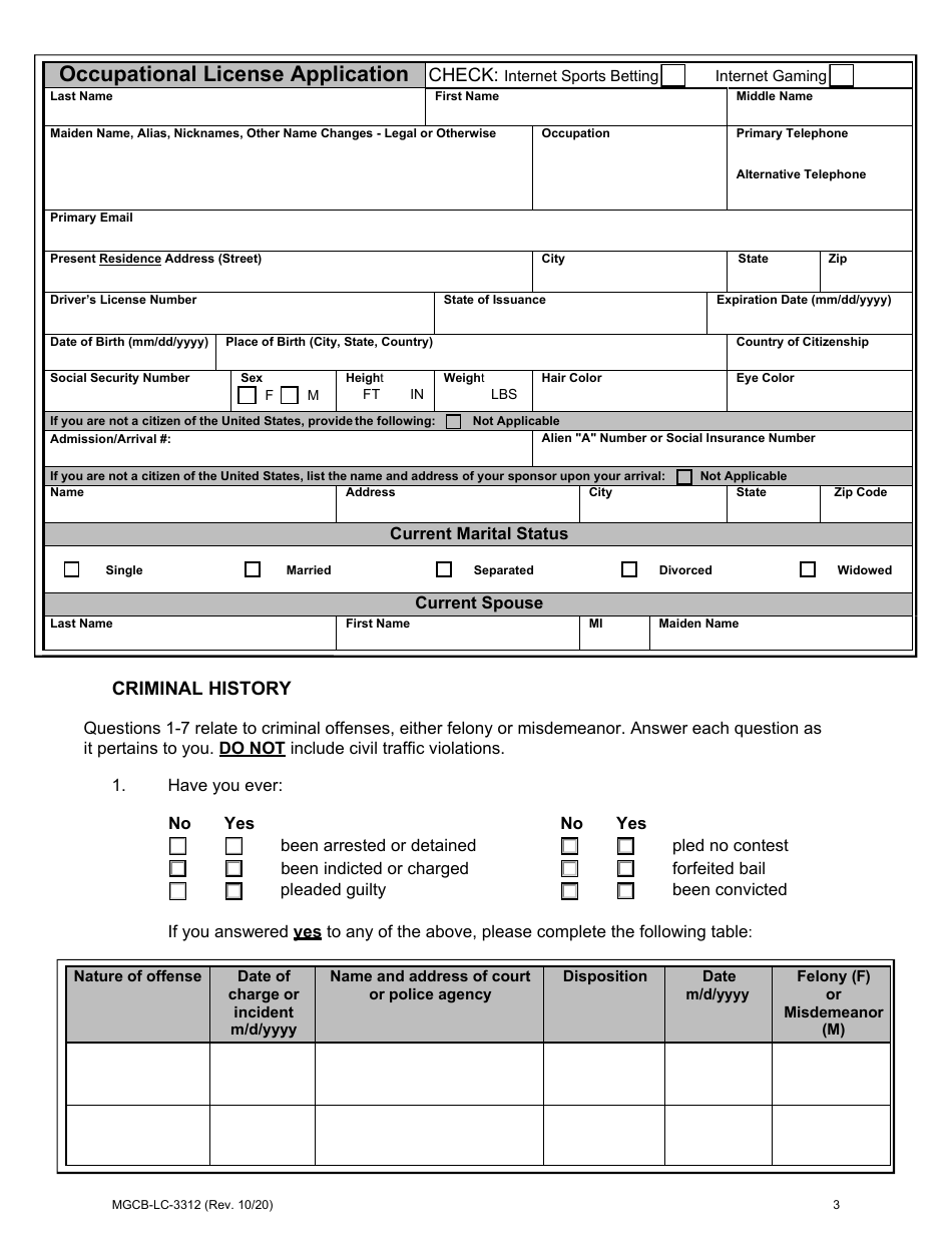 Form MGCB-LC-3312 Internet Sports Betting  Internet Gaming Occupational License Application - Michigan, Page 3