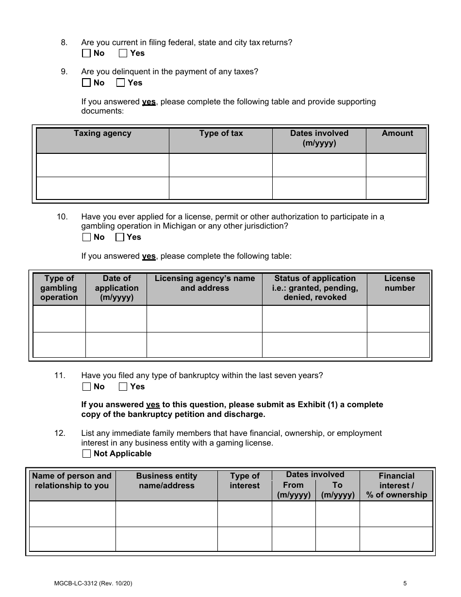 Form MGCB-LC-3312 Internet Sports Betting  Internet Gaming Occupational License Application - Michigan, Page 5