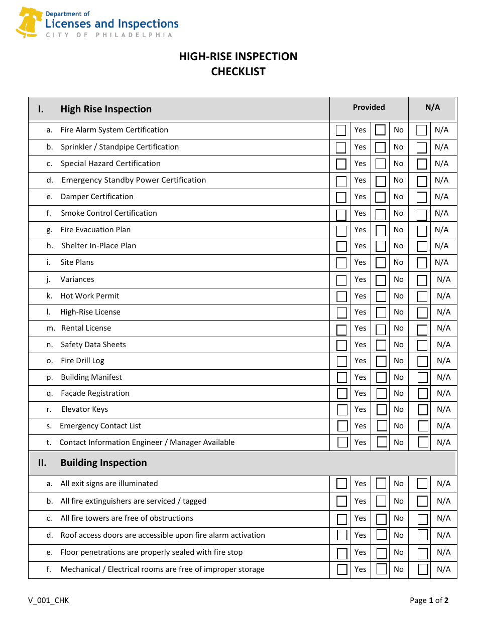 Form V_001_CHK High-Rise Inspection Checklist - City of Philadelphia, Pennsylvania, Page 1