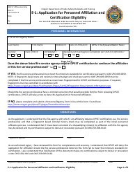 Document preview: Form E-1 Application for Personnel Affiliation and Certification Eligibility - Oregon