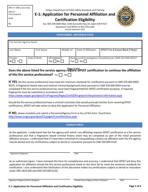 Form E-1 Application for Personnel Affiliation and Certification Eligibility - Oregon