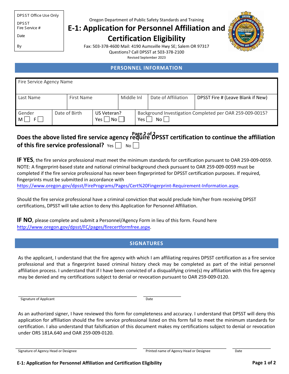 Form E 1 Download Fillable PDF Or Fill Online Application For Personnel   Form E 1 Application For Personnel Affiliation And Certification Eligibility Oregon Print Big 