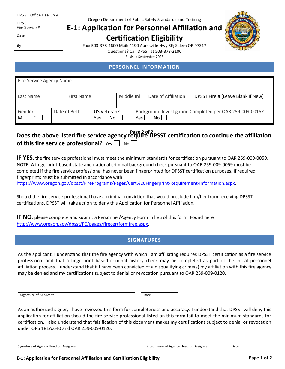 Form E-1 Application for Personnel Affiliation and Certification Eligibility - Oregon, Page 1