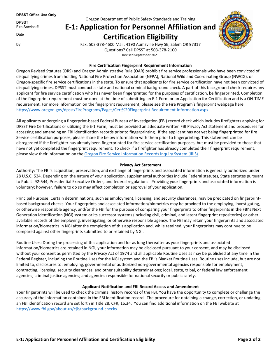Form E-1 Application for Personnel Affiliation and Certification Eligibility - Oregon, Page 2