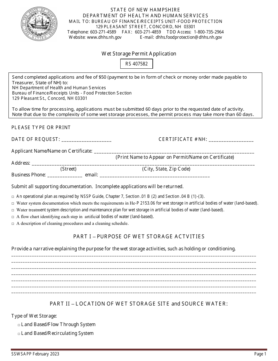 Wet Storage Permit Application - New Hampshire, Page 1