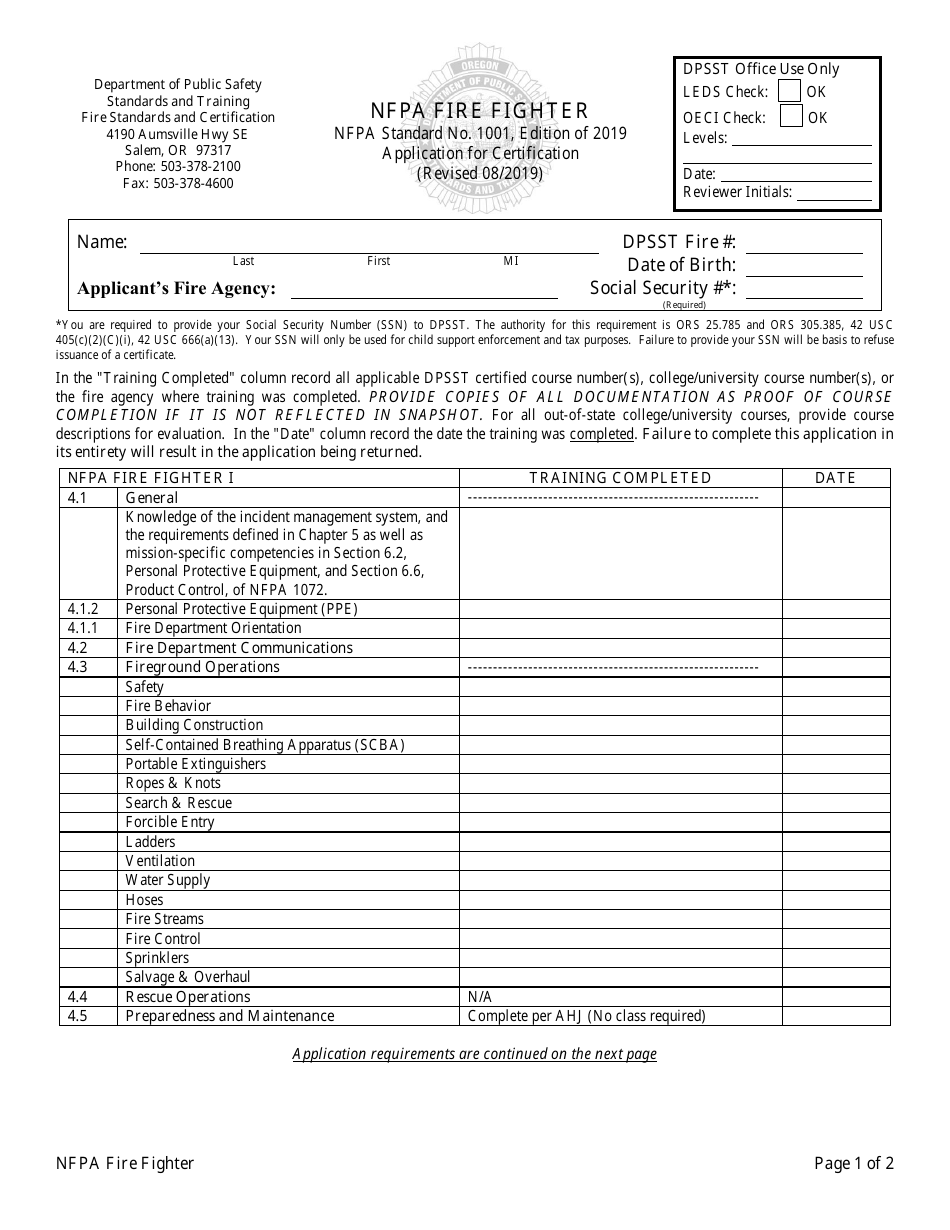 Oregon NFPA Fire Fighter Application for Certification Fill Out, Sign