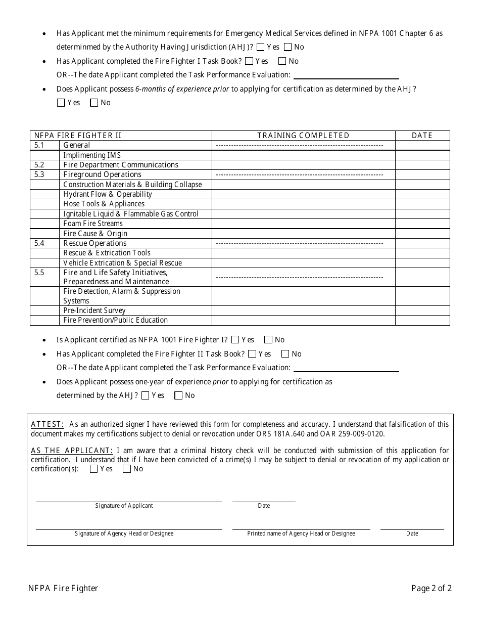 NFPA Fire Fighter Application for Certification - Oregon, Page 2
