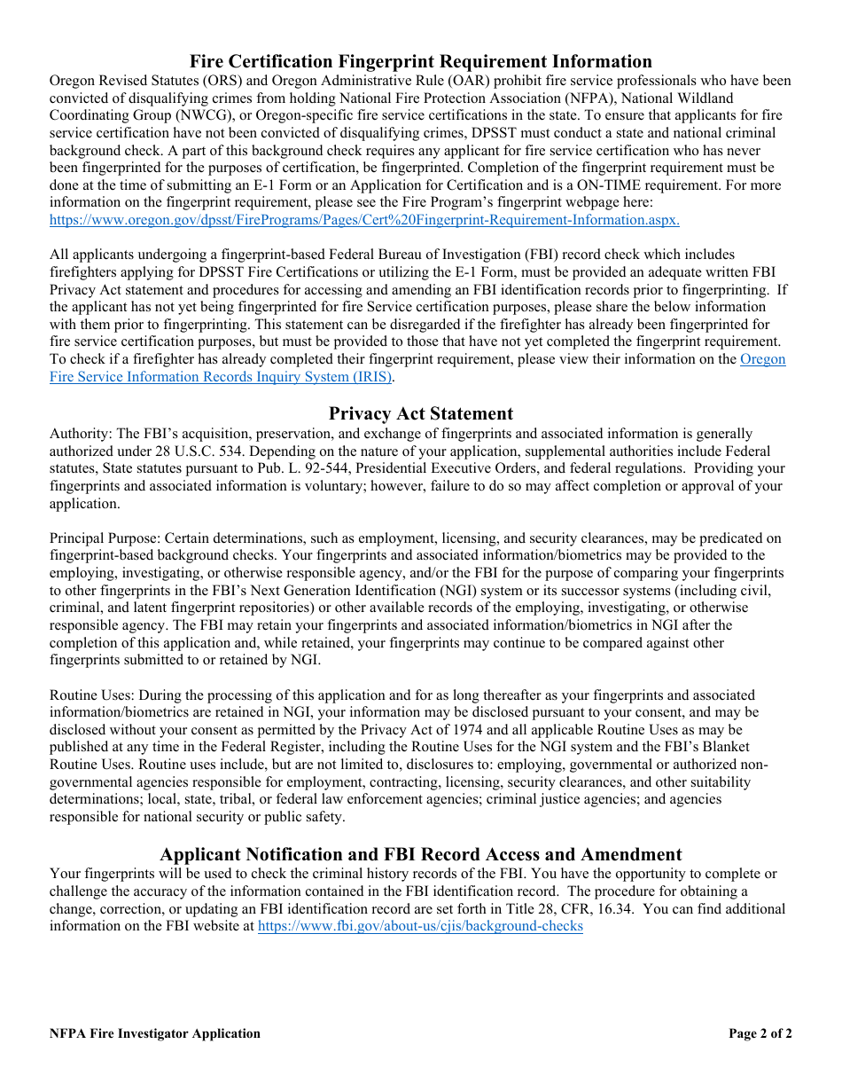 NFPA Fire Investigator Application for Certification - Oregon, Page 2