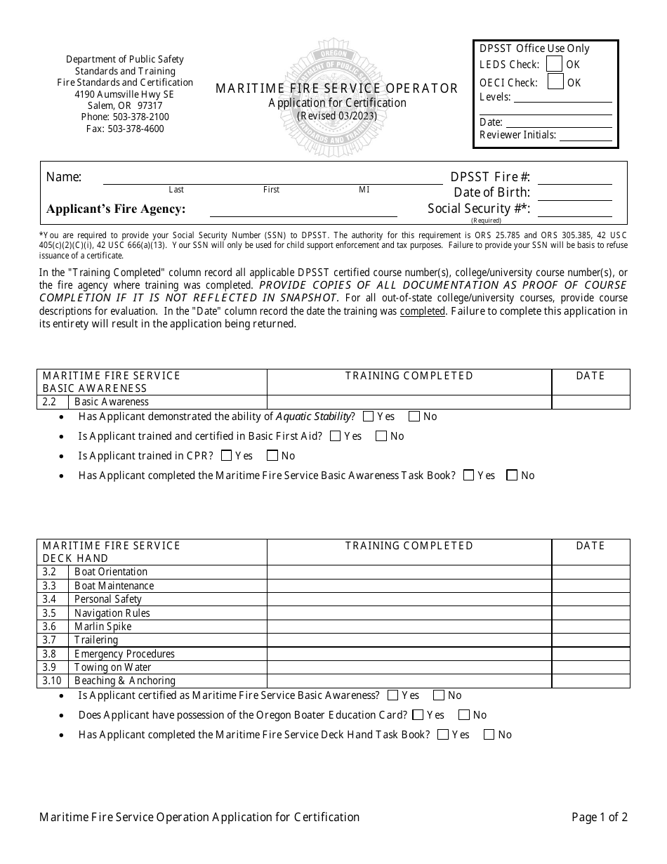 Maritime Fire Service Operator Application for Certification - Oregon, Page 1