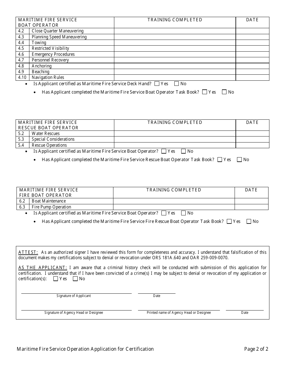 Maritime Fire Service Operator Application for Certification - Oregon, Page 2