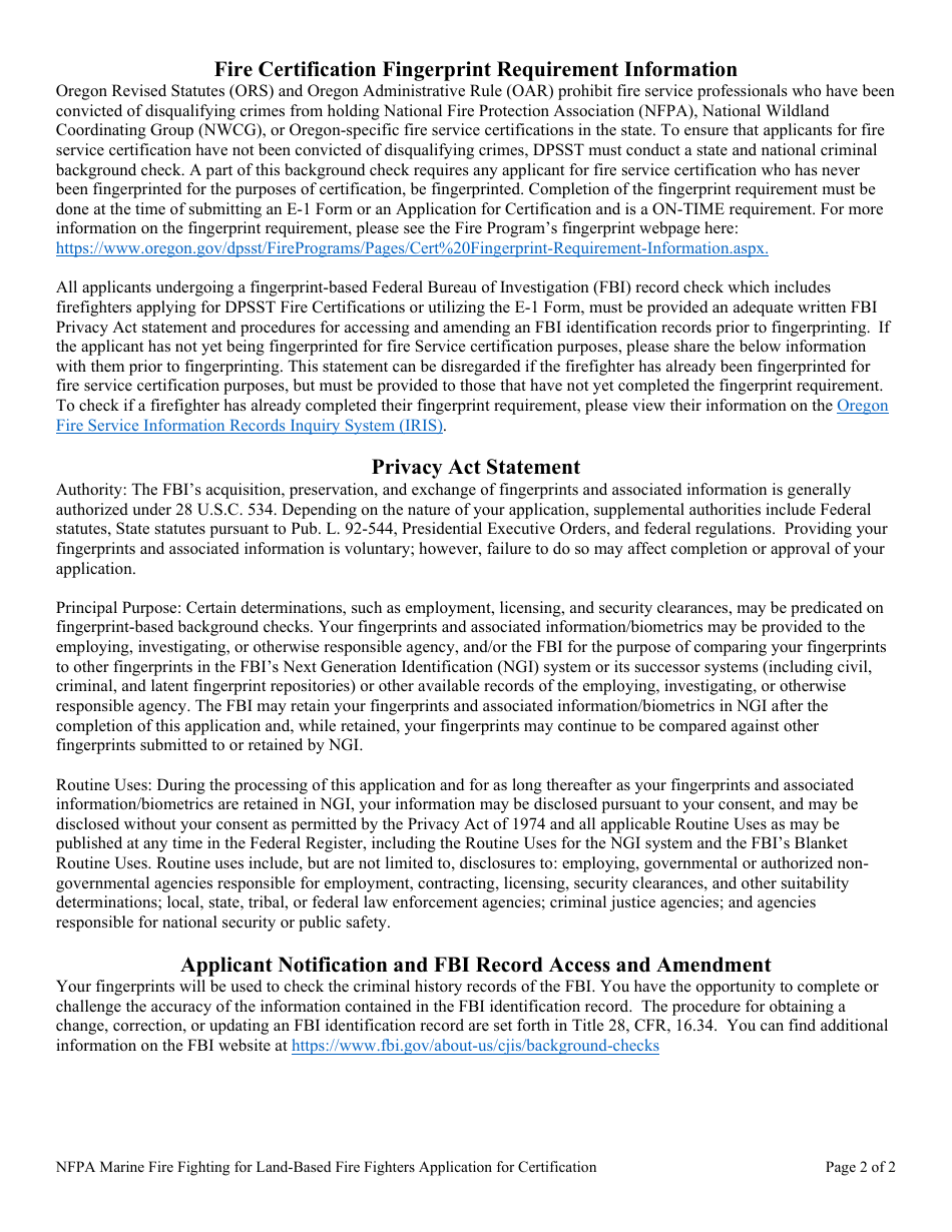 NFPA Marine Fire Fighting for Land Based Fire Fighters Application for Certification - Oregon, Page 2