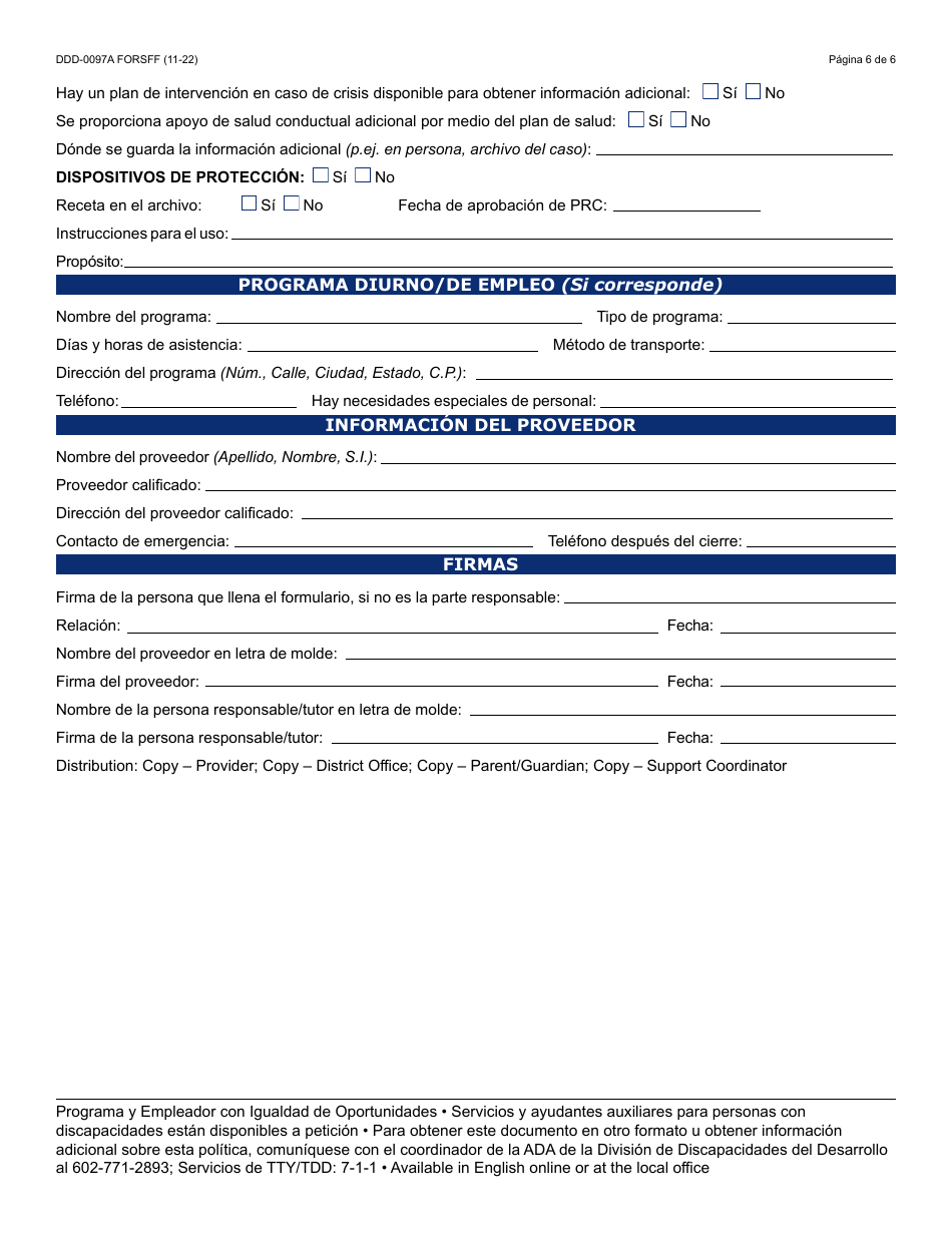 Formulario DDD-0097A-S Orientacion Del Proveedor Previa Al Servicio - Arizona (Spanish), Page 6
