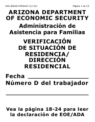 Formulario FAA-0065A-SXLP Verificacion De Situacion De Residencia/Direccion Residencial (Letra Extra Grande) - Arizona (Spanish)
