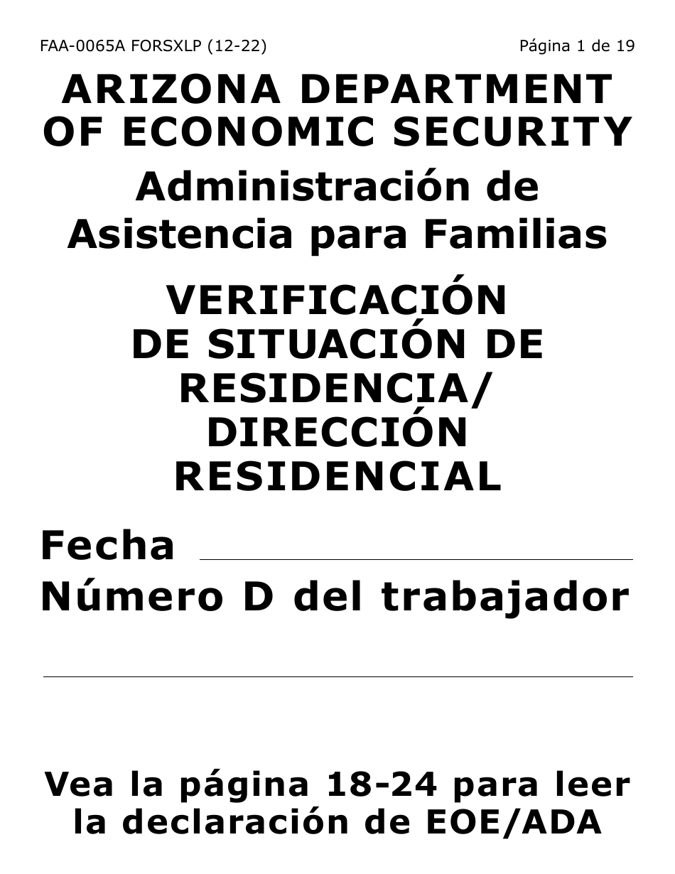 Formulario FAA-0065A-SXLP Verificacion De Situacion De Residencia / Direccion Residencial (Letra Extra Grande) - Arizona (Spanish), Page 1